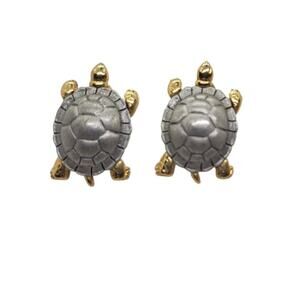 Vintage 3D Turtle Stud Earrings Retro JJ Jonette signed Gold and Silver Toned